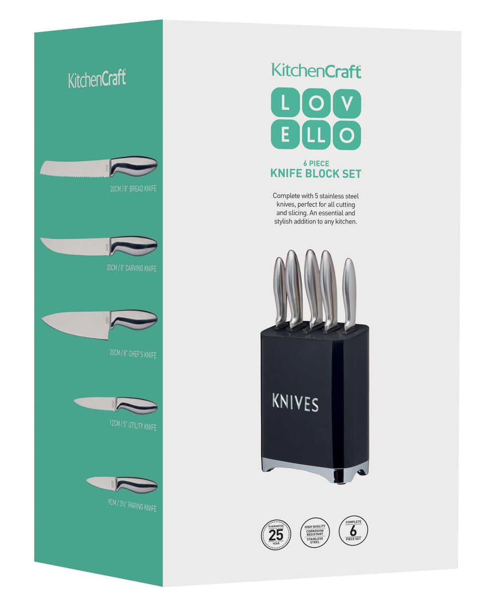 Lovello Retro 5-Piece Midnight Black Stainless Steel Knife Set and Knife Block
