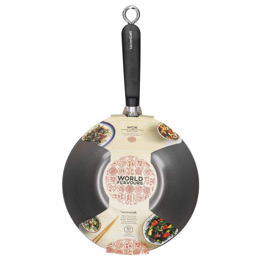 KitchenCraft World of Flavours Oriental Carbon Steel Non-Stick Wok, 26.5cm