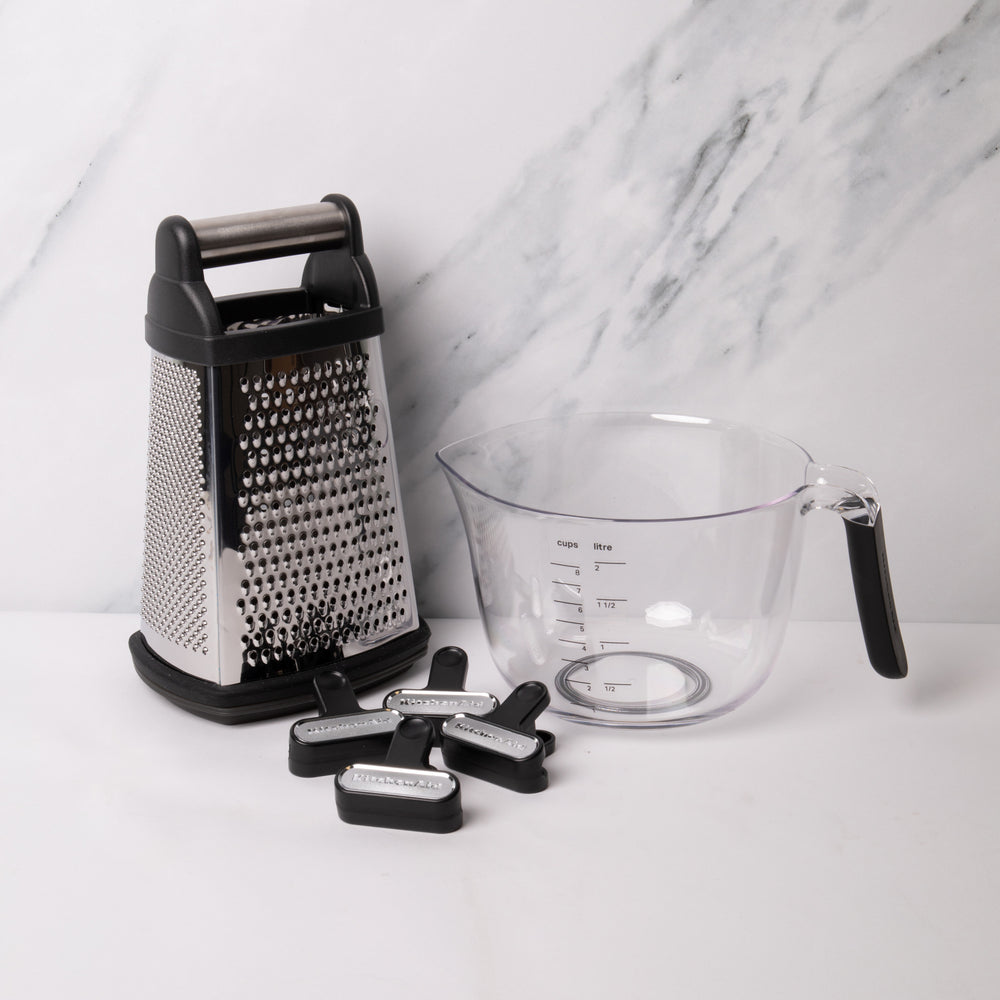 6pc Kitchen Tool Set with Stainless Steel Universal Box Grater, Clear Measuring Jug with Handle & 4x Onyx Black Bag Clips