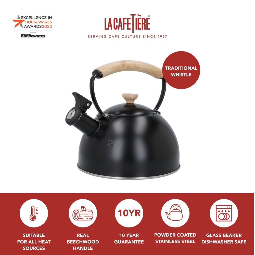 La Cafetière Black Whistling Kettle with Wooden Handle, 1.6L
