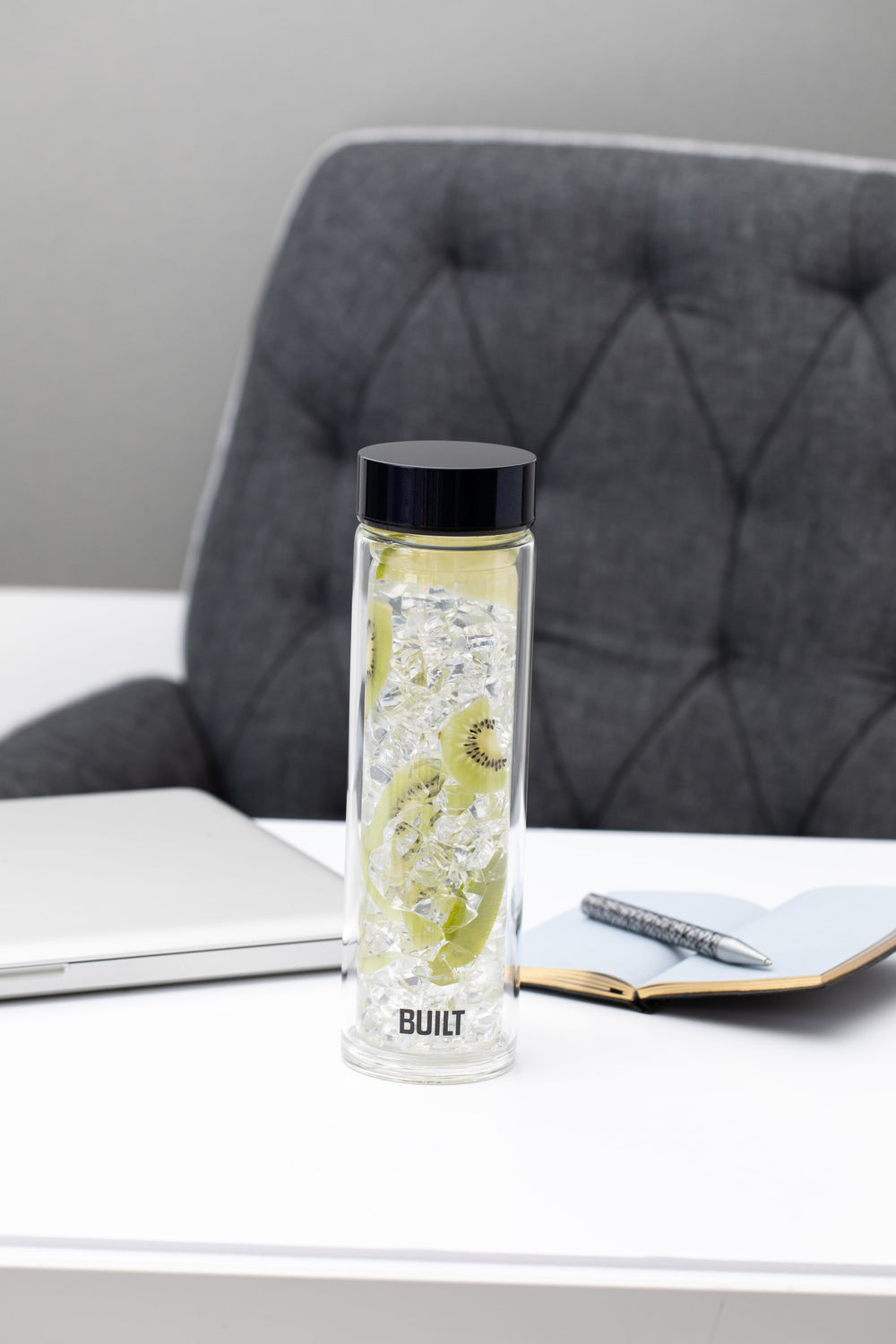 BUILT Tiempo 450ml Insulated Water Bottle, Borosilicate Glass / Stainless Steel - Midnight Blue