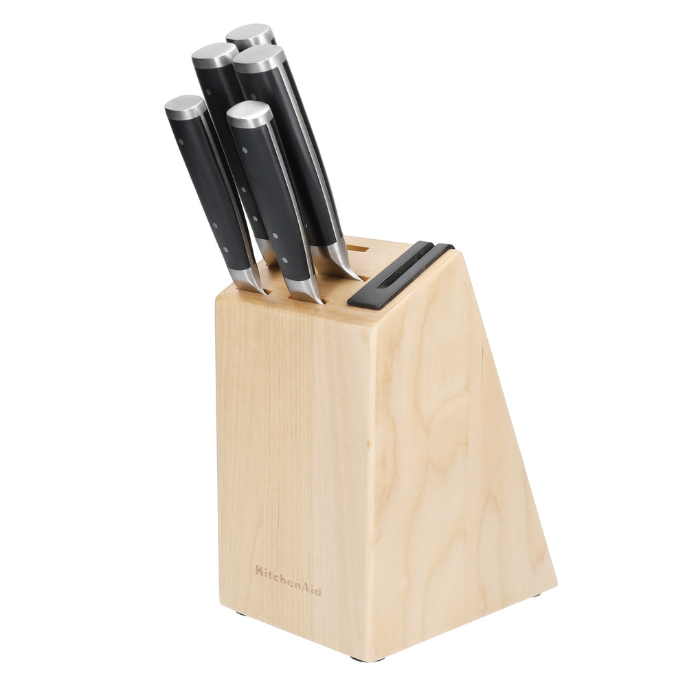 KitchenAid Gourmet 5-Piece Kitchen Knife Set with Block, Sharp High-Carbon Japanese Steel Knives and Birchwood Holder image 1