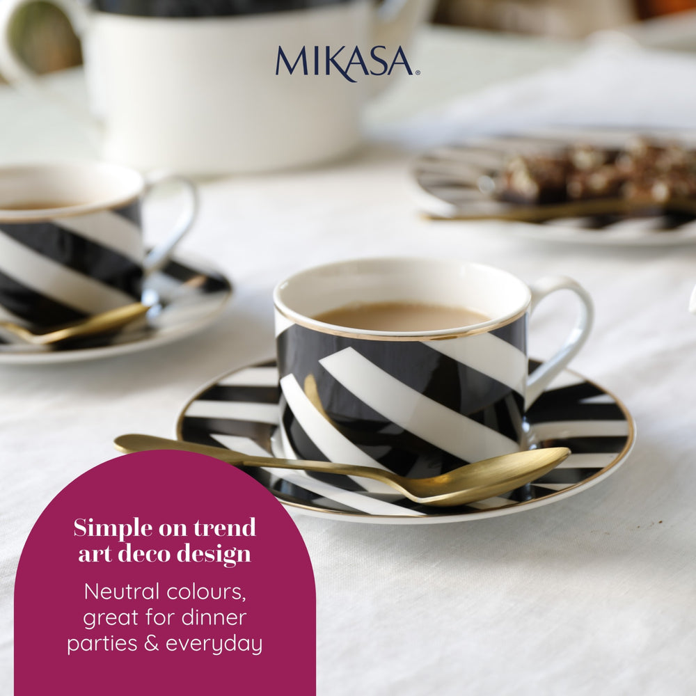 Mikasa Luxe Deco Geometric Print China Tea Cups and Saucers, Set of 2, 200ml