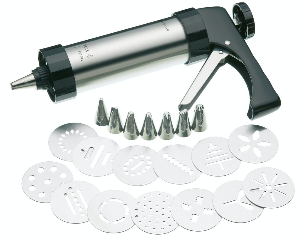 24pc Baking Set with 2x Non-Stick Loose Base 20cm Square Sandwich Pans, Icing Gun, 8x Stainless Steel Nozzles and 13x Cutters