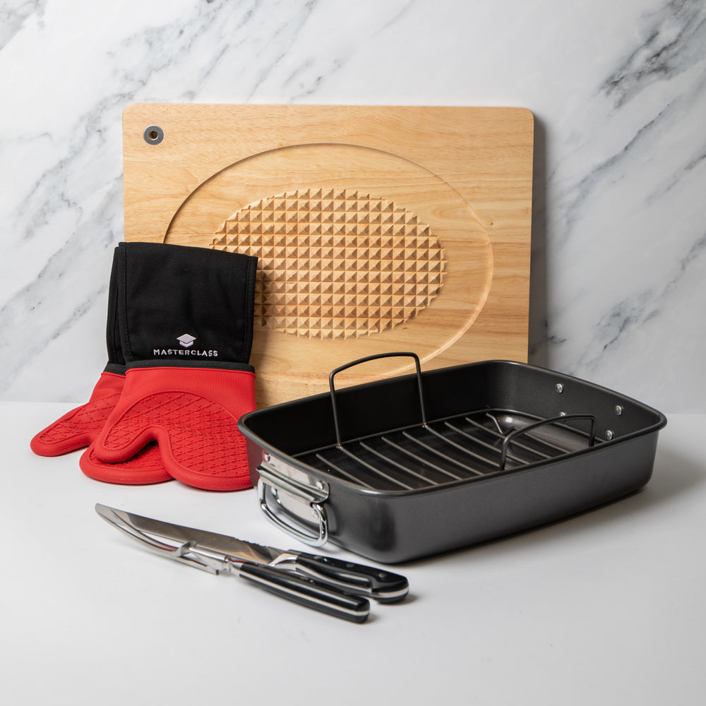 5pc Roasting Set with Roasting Tin & Rack, Carving Fork & Carving Knife, Wooden Carving Board and Silicone Double Oven Glove