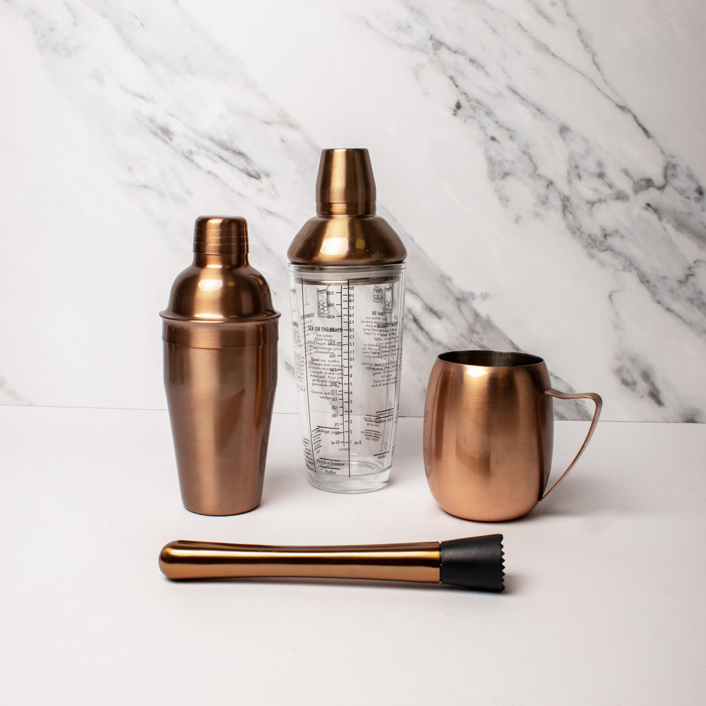 4pc Cocktail-Making Set with Copper Finish Classic Cocktail Shaker, Boston Shaker, Muddler and Moscow Mule Mug