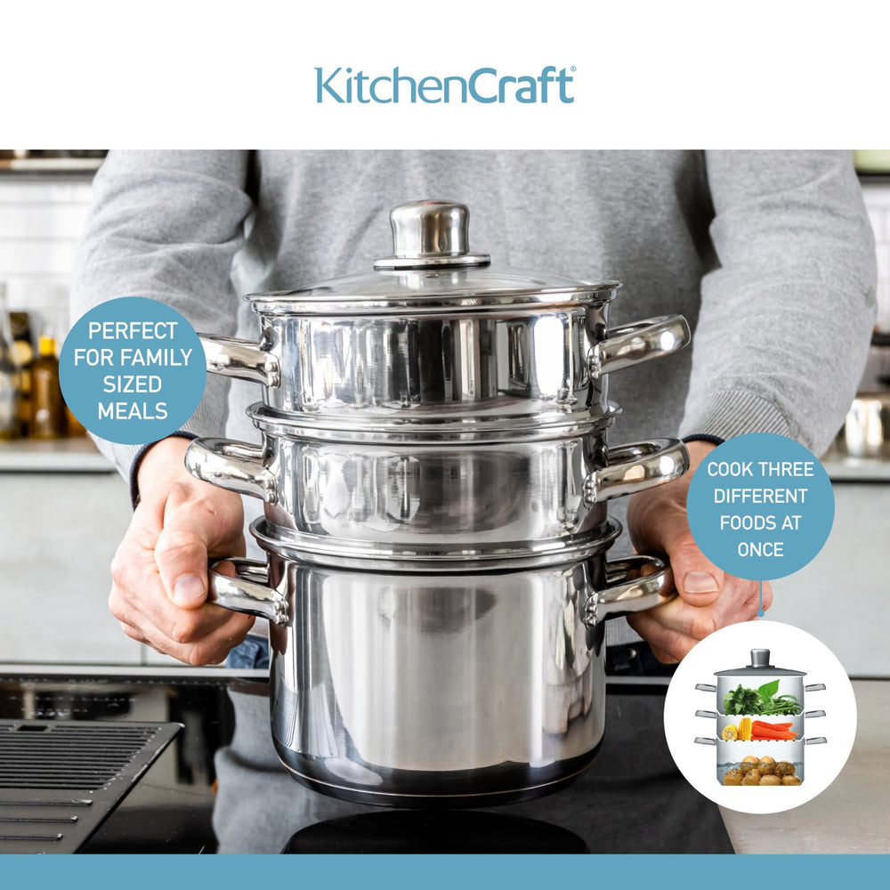 KitchenCraft Stainless Steel Three Tier Steamer, 18cm