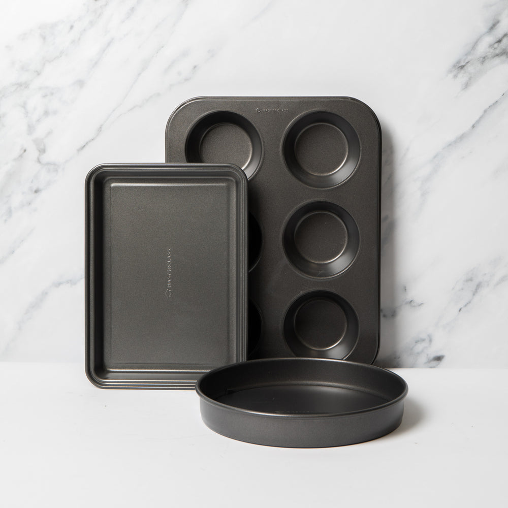 3pc Non-Stick Baking Pan Bundle, Includes Muffin Pan, 23cm Loose Base Sandwich Pan and Brownie Pan