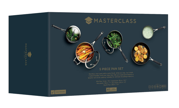 MasterClass Master Class Five Piece Deluxe Non-Stick Stainless Steel  Cookware Set, Silver