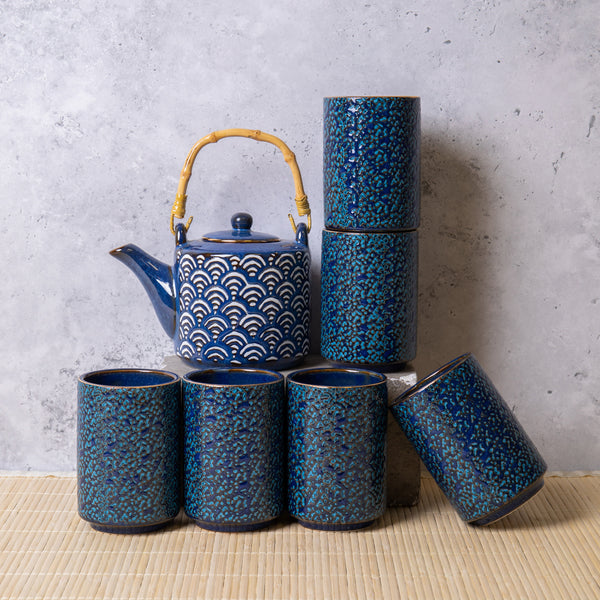 7pc Porcelain Tea Set with 540mlTeapot with Bamboo Handle and 6x Indigo Blue Cups - Satori image 2