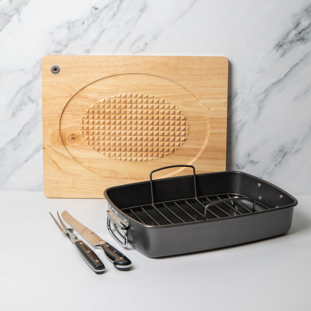 4pc Roasting Set with Large Non-Stick Roasting Tin with Rack, Carving Fork & Carving Knife and Wooden Spiked Carving Board
