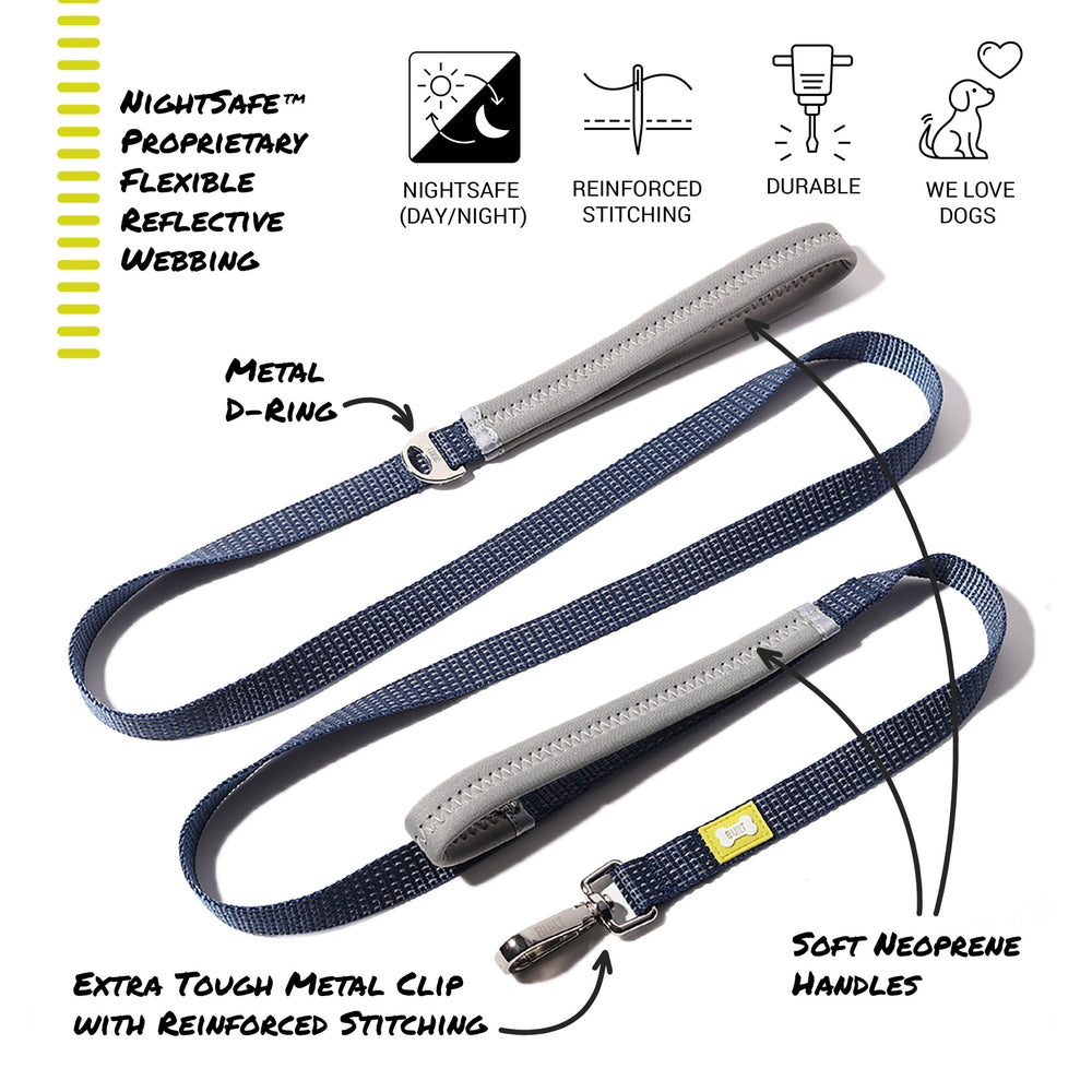BUILT PET Large Double Handle Night Safe Reflective Lead - Blue