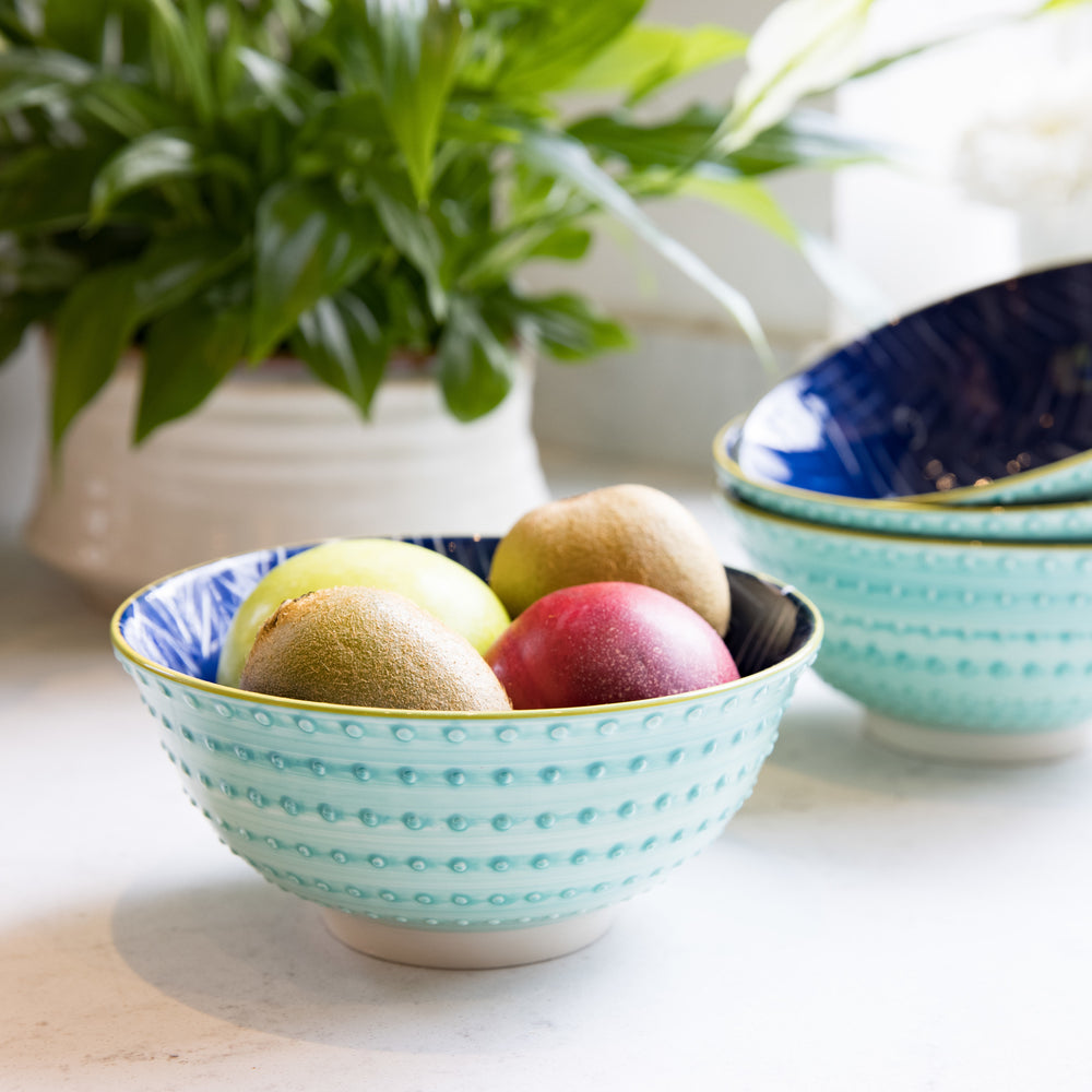KitchenCraft Contrasting Blue Chevron and Spotty Ceramic Bowl, 16cm