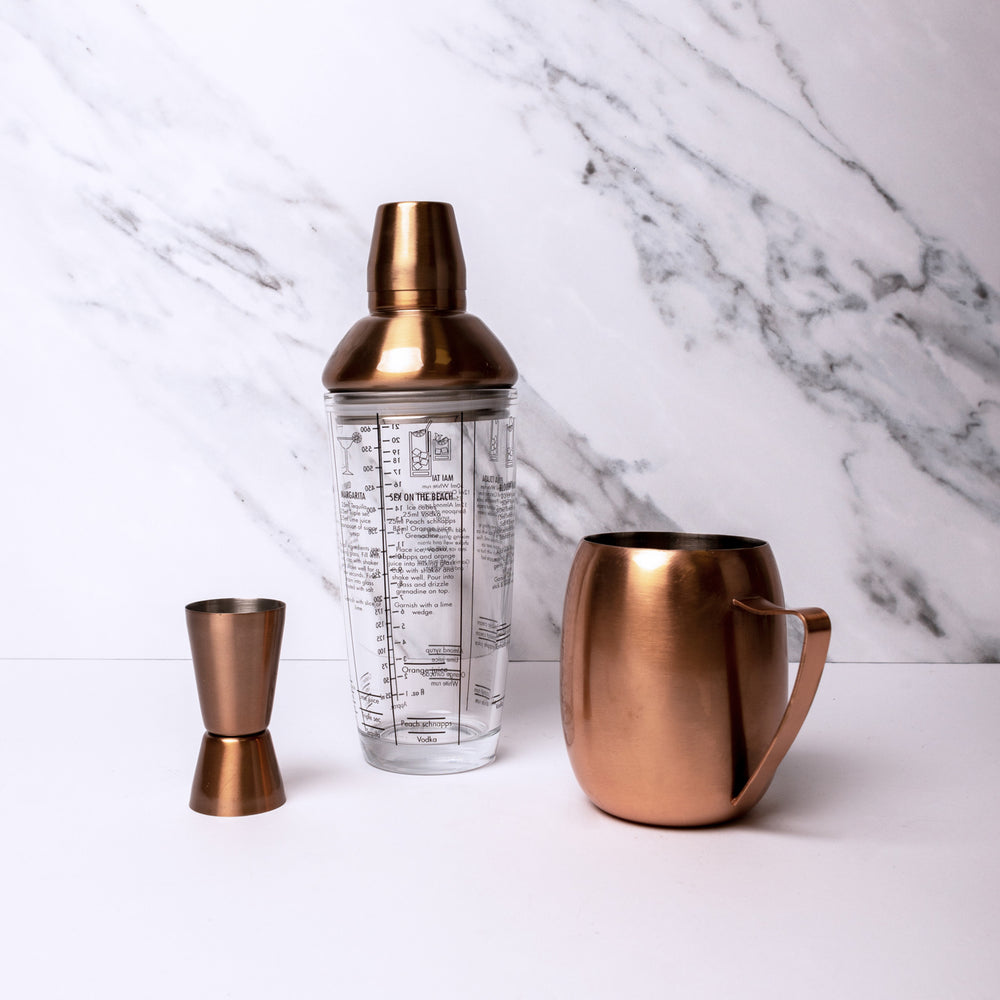 3pc Bartender Set including Copper-Finish Boston Shaker, Multi-Measure Jigger and Moscow Mule Mug