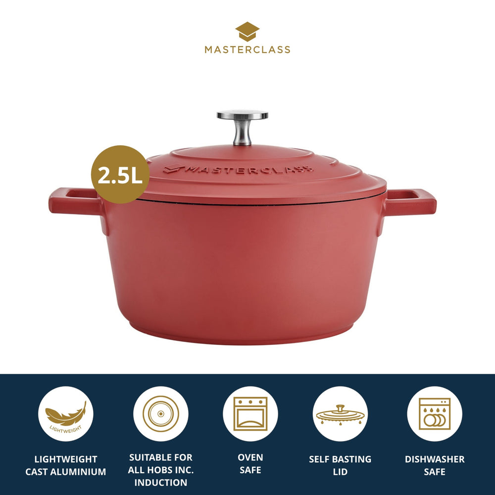 MasterClass Red Cast Aluminium Casserole Dish with Lid, 2.5L