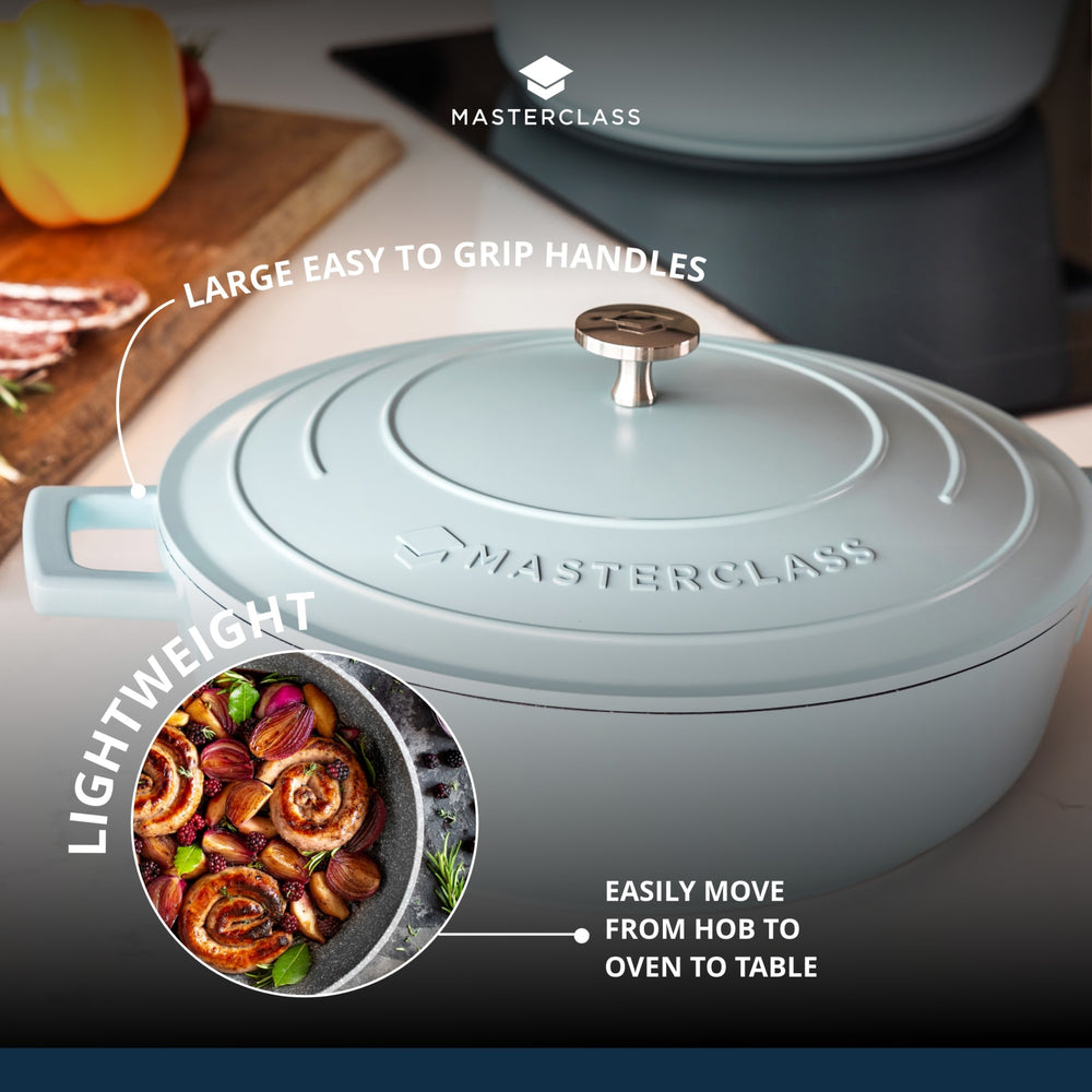 MasterClass Sky Blue Cast Aluminium Shallow Casserole Dish with Lid, 4 L