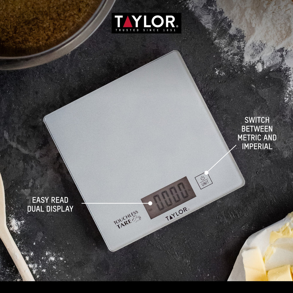 Taylor Pro Compact Digital Kitchen Scales with Touchless Tare in Gift Box, Glass / Plastic - Silver