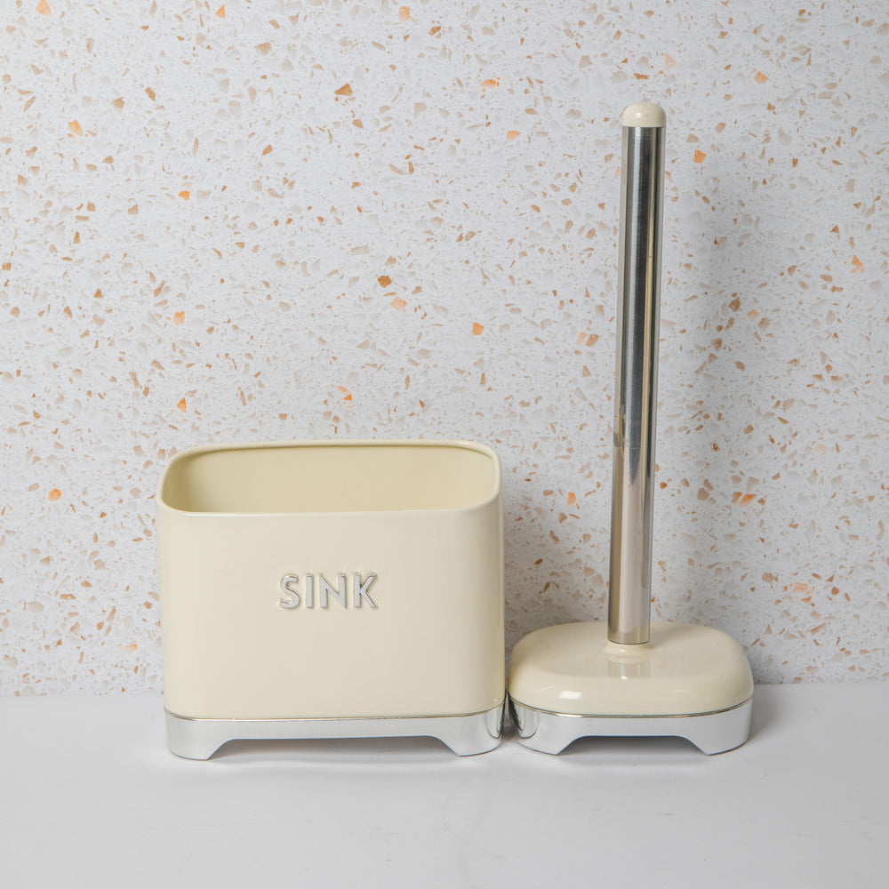 2pc Vanilla Cream Kitchenware Set with 17.5cm Towel Holder and Steel Sink Tidy - Lovello