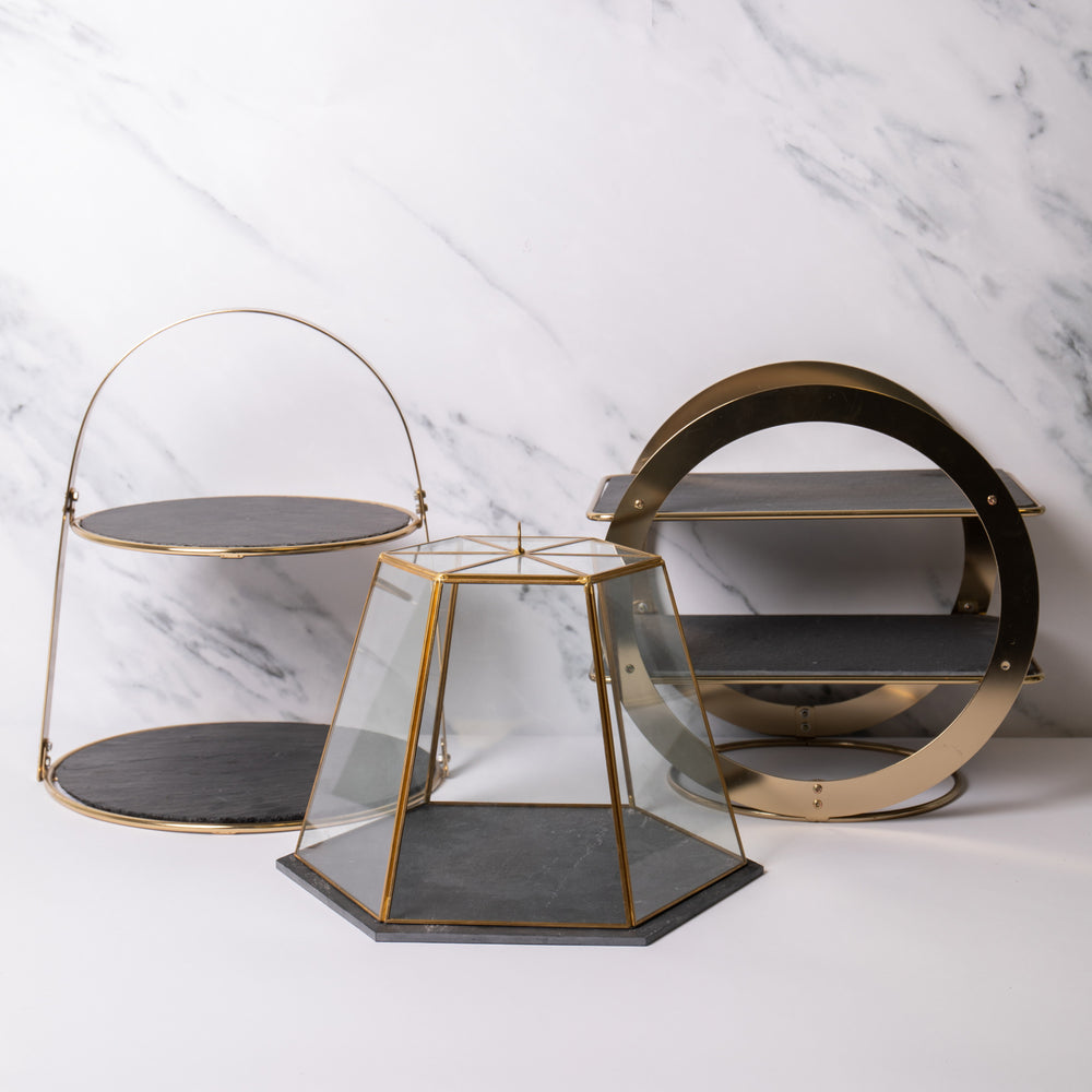 3pc Serveware Set with 2-Tier Brass Cake Stand; 2-Tier Geometric Brass Serving Stand & Glass Serving Cloche with Slate Bases