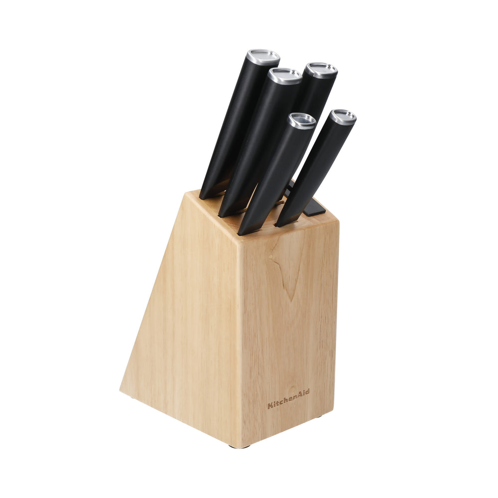 KitchenAid Classic 5-Piece Kitchen Knife Set with Block, Sharp High-Carbon Japanese Steel Knives and Rubberwood Holder