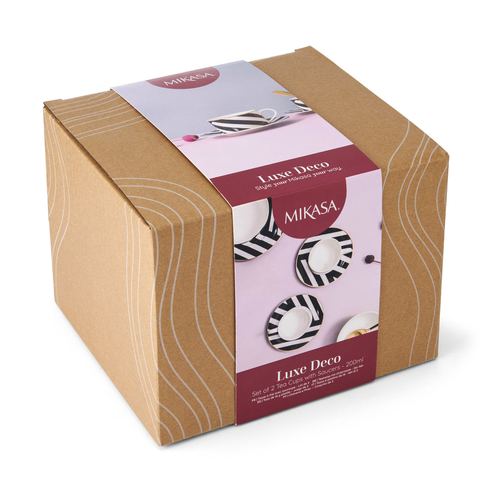 Mikasa Luxe Deco Geometric Print China Tea Cups and Saucers, Set of 2, 200ml