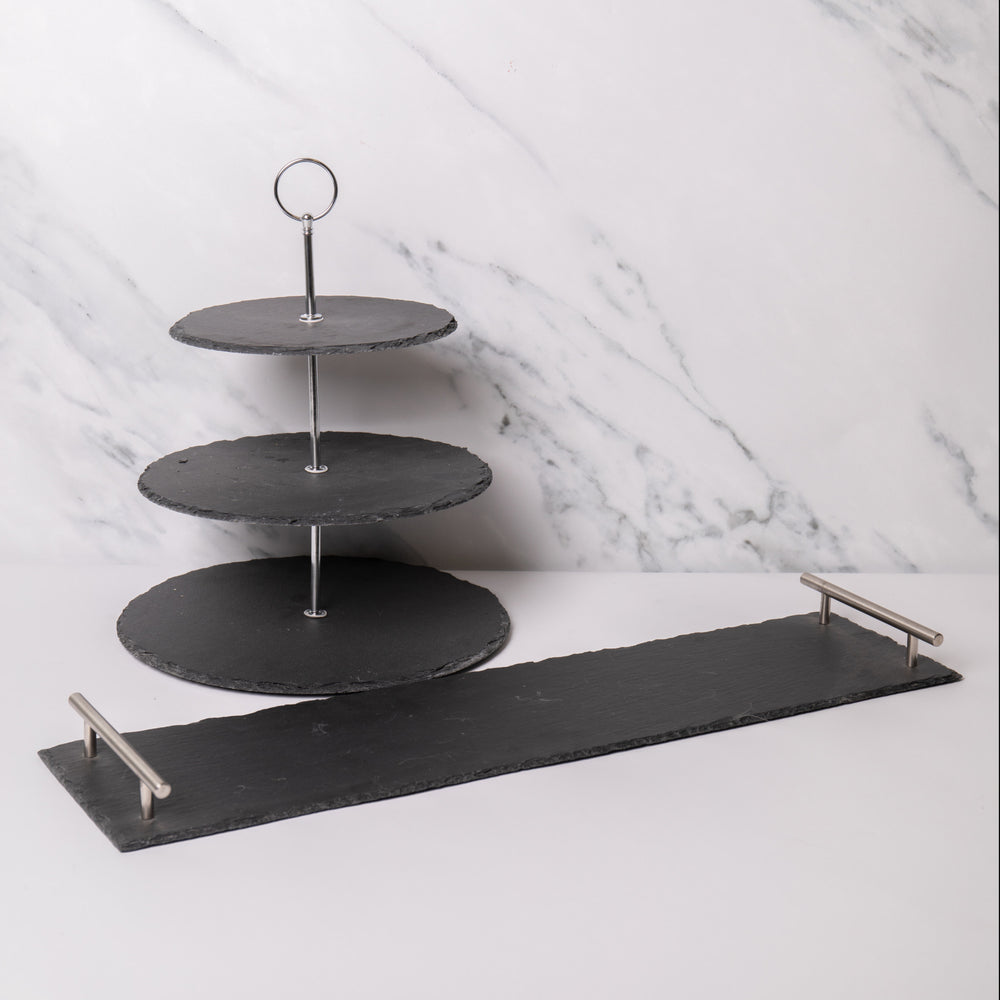 2pc Slate Serving Set with Appetiser Slate 3-Tier Serving Stand and Rectangular Serving Platter with Handles