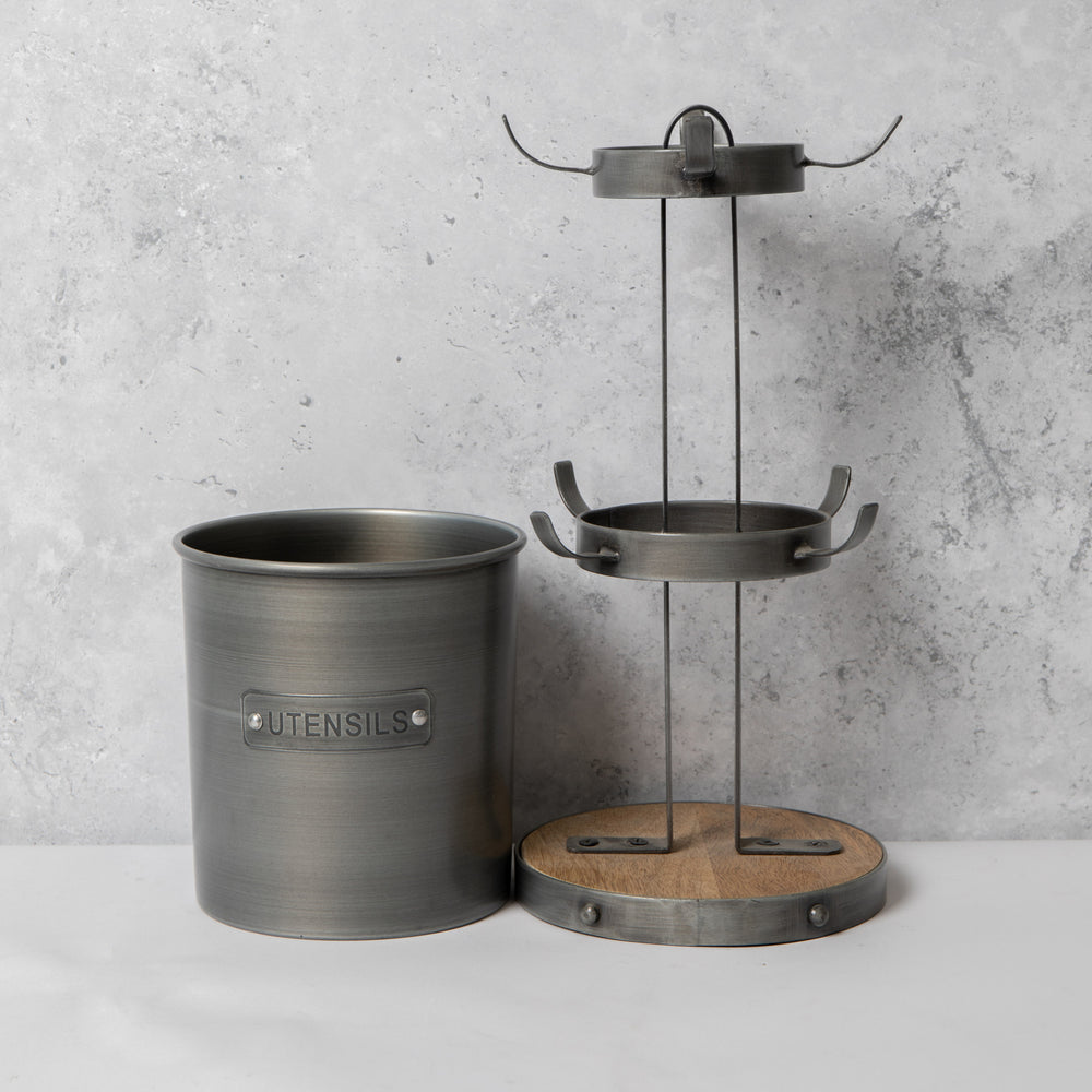 2pc Industrial Kitchen Set with Wooden Mug Tree Stand and Vintage Style Metal Utensil Holder Set