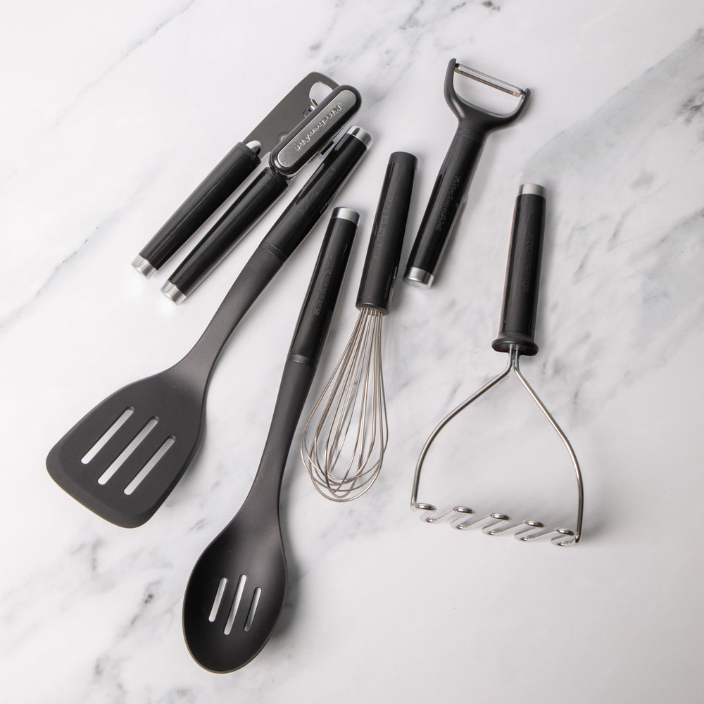 6pc Onyx Black Utensil Set with Slotted Turner, Slotted Spoon, Masher, Whisk, Food Peeler & Multi-Function Can Opener