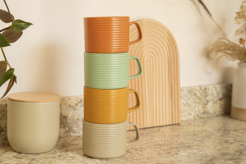 KitchenCraft Idilica Stacking Stoneware Mugs, Set of Four, 400ml