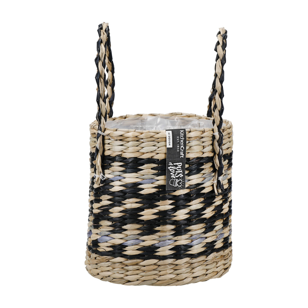 KitchenCraft Seagrass Plant Basket with Handles, Black & Grey Striped Design