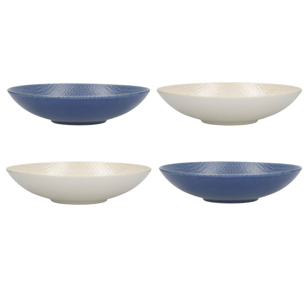 KitchenCraft Set of 4 Pasta Bowls in Gift Box, Lead-Free Glazed Stoneware - Embossed Blue / Cream