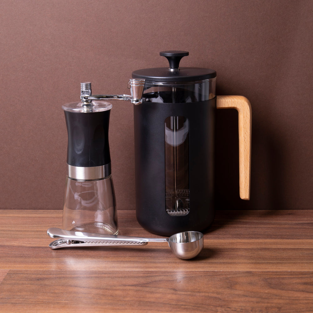 3pc Cafetière Gift Set with Black Pisa 8-Cup Cafetière, Manual Coffee Grinder and Coffee Measuring Spoon