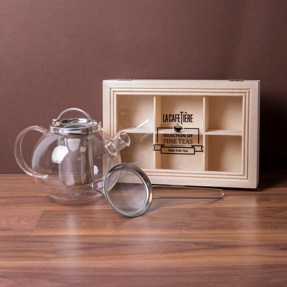 3pc Tea Set with Darjeeling 4-Cup Glass Teapot with Infuser, Tea Strainer and 6-Compartment Tea Box