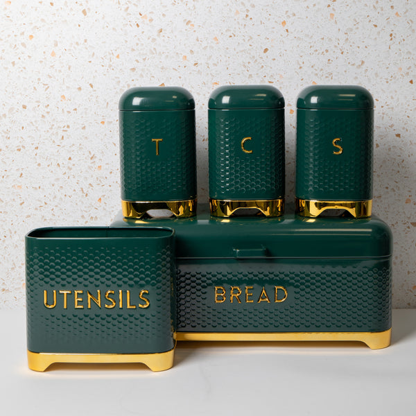 5pc Gift-Boxed Hunter Green Kitchen Storage Set with Tea, Coffee & Sugar Canisters, Utensil Store and Bread Bin - Lovello image 2