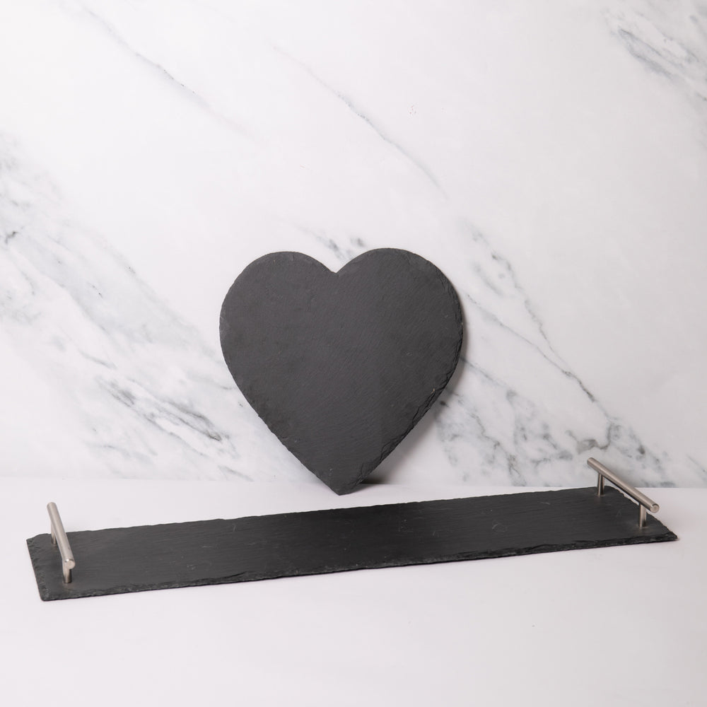 2pc Slate Serving Platter Set with Rectangular Platter with Handles and Heart Shaped Platter