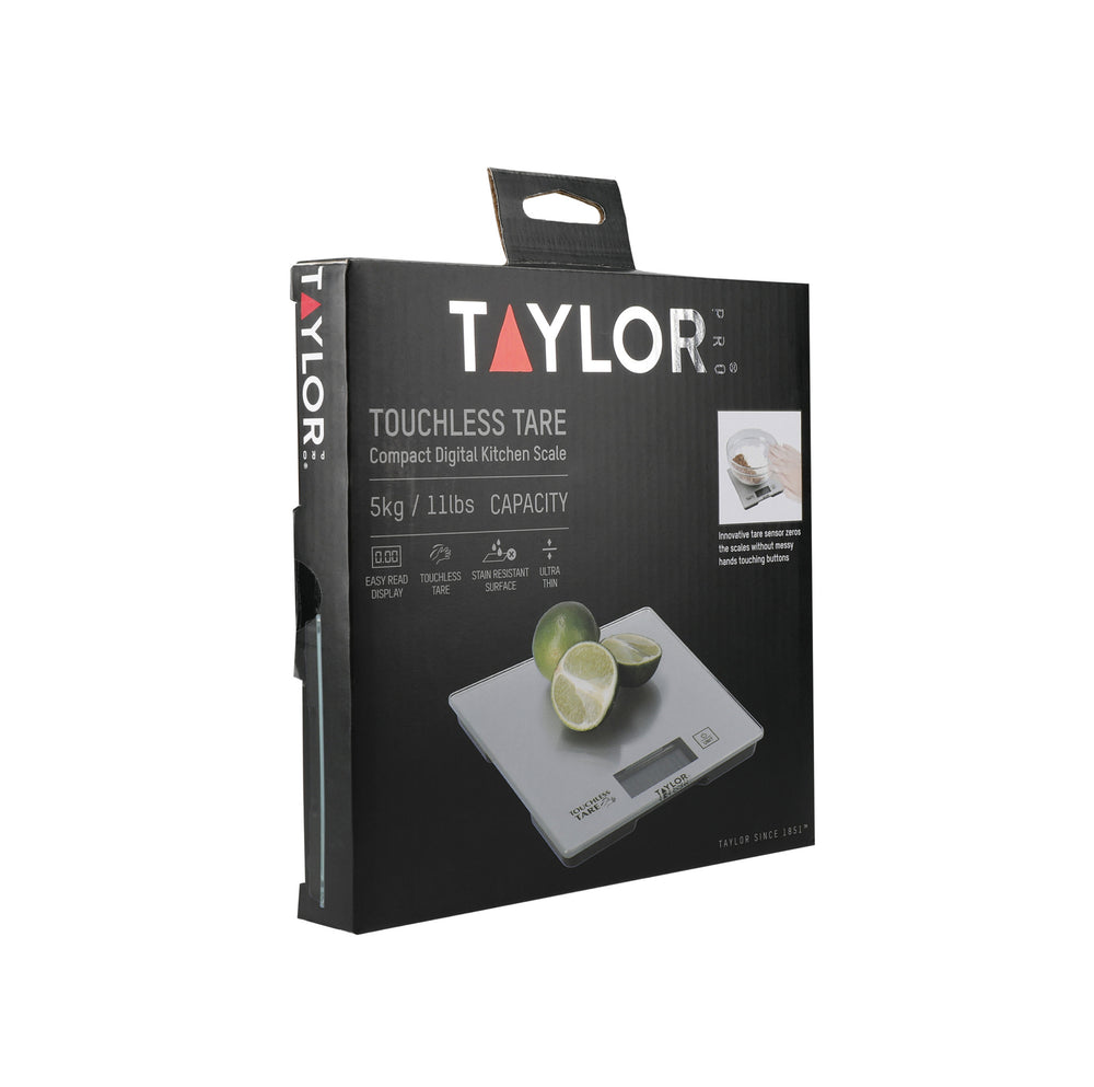 Taylor Pro Compact Digital Kitchen Scales with Touchless Tare in Gift Box, Glass / Plastic - Silver