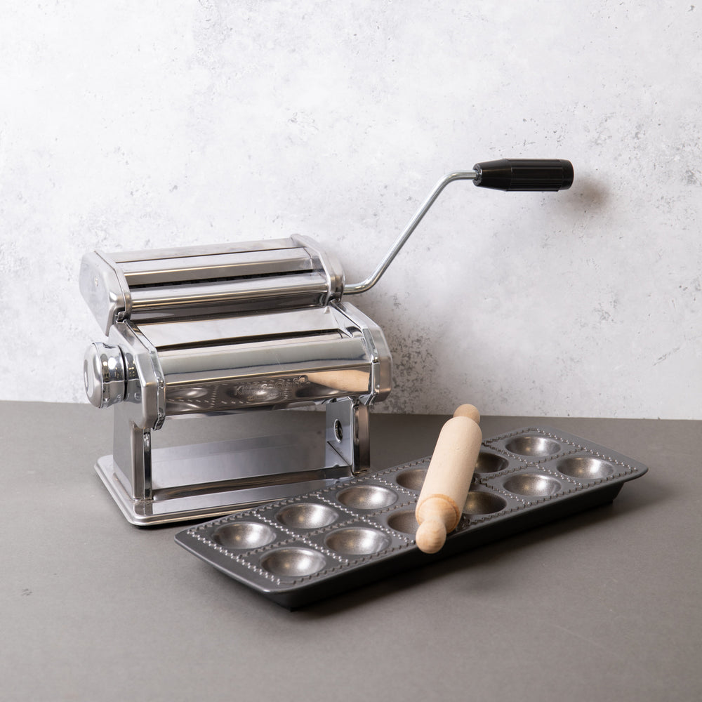 3pc Pasta Making Set with Deluxe Double Pasta Machine, Non-Stick Ravioli Mould and Rolling Pin