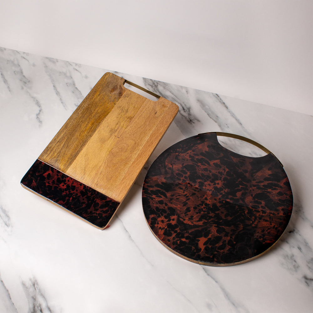 2pc Serving Platter Set with Mango Wood Serving Platters with Tortoise Shell Resin, Round and Rectangular