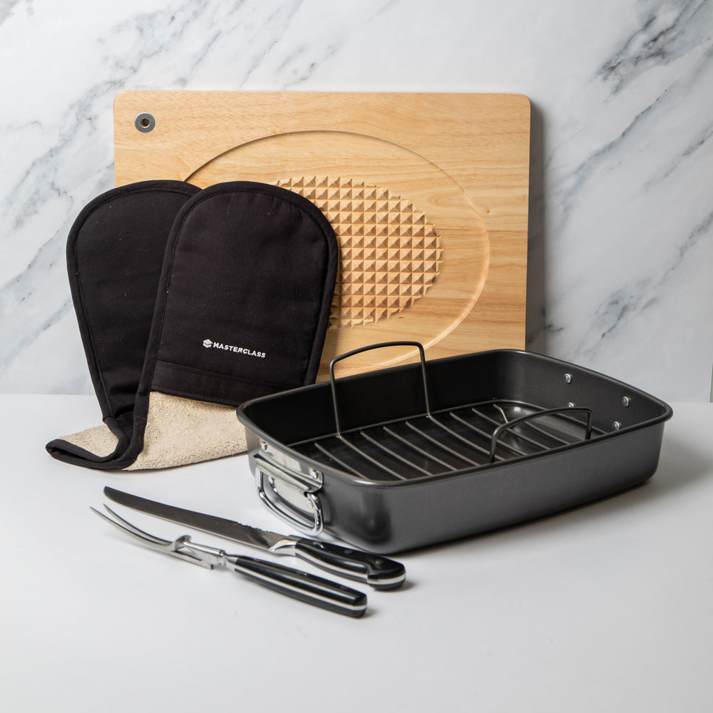5pc Roasting Set with Non-Stick Roasting Tin & Rack, Carving Fork & Carving Knife, Wooden Carving Board and Double Oven Glove