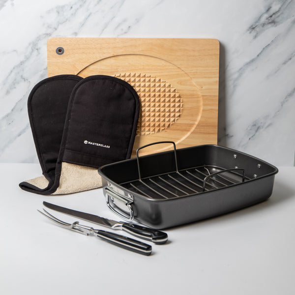 5pc Roasting Set with Non-Stick Roasting Tin & Rack, Carving Fork & Carving Knife, Wooden Carving Board and Double Oven Glove image 2