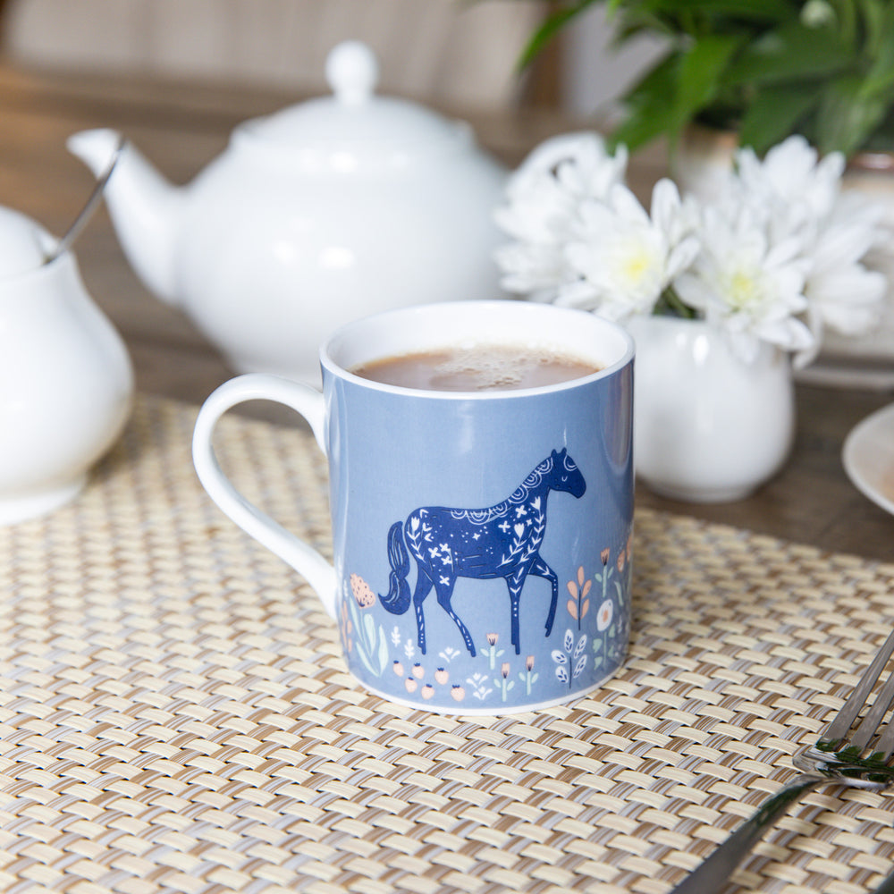 Set of 4 KitchenCraft Fine Bone China Woodcut Horse 250ml Can Mugs