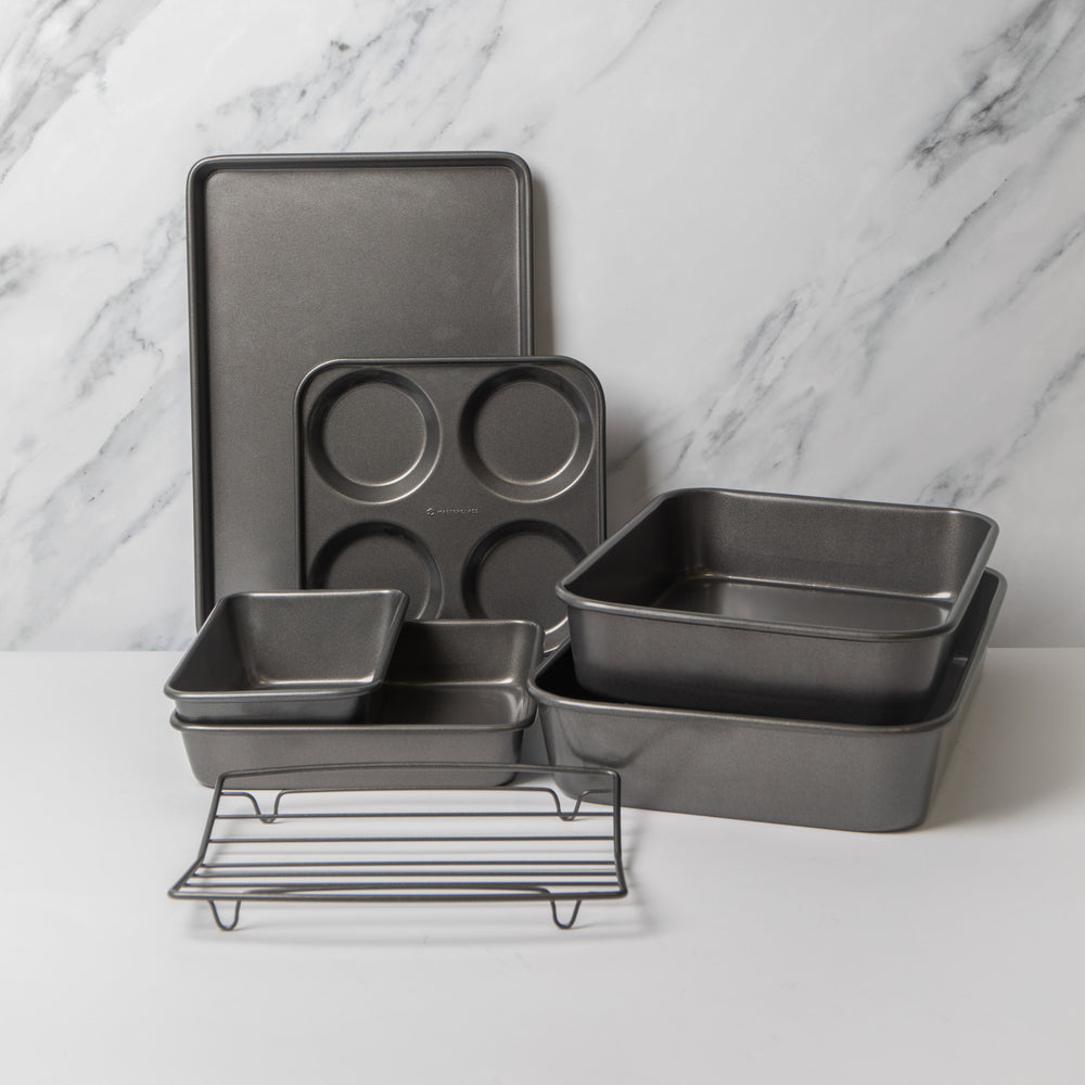 7pc Non-Stick Cooking Set with 2x Roasting Pans, Roasting Rack, 2x Baking Trays, Loaf Tin and Yorkshire Pudding Pan