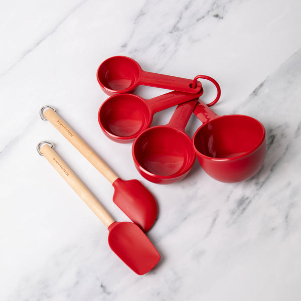 6pc Red Kitchen Set with 2x Mini Birchwood & Silicone Spatulas and 4x Measuring Cups - 1/4,1/3,1/2 and 1 Cup Sizes image 2