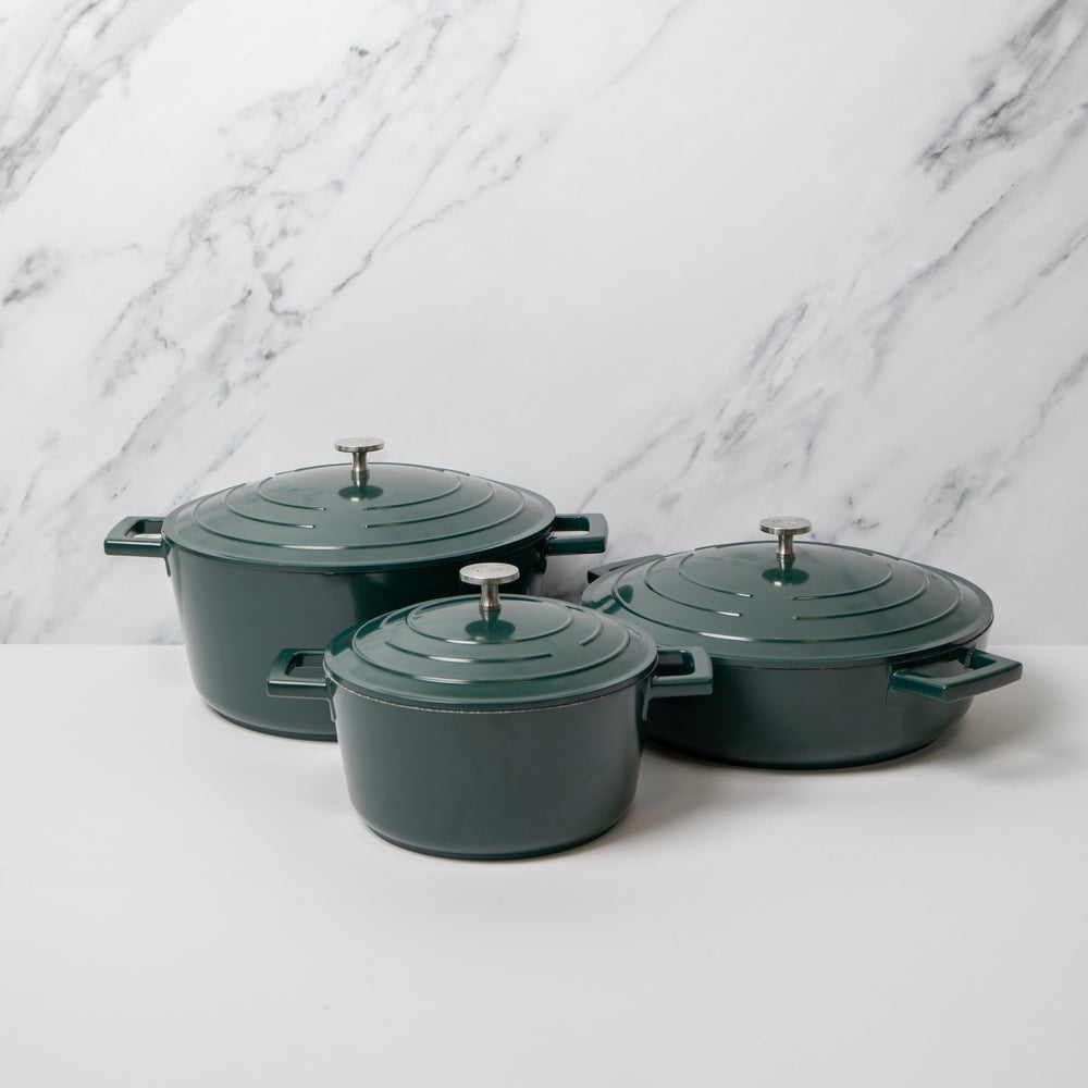 3pc Cookware Set with Hunter Green Non-Stick Cast Aluminium Casserole Dishes, 20cm/2.5L, 28cm/4L & 28cm/5L