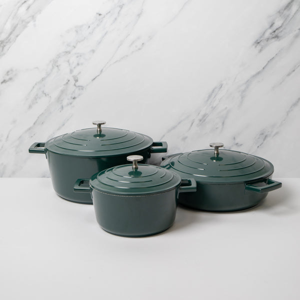 3pc Cookware Set with Hunter Green Non-Stick Cast Aluminium Casserole Dishes, 20cm/2.5L, 28cm/4L & 28cm/5L image 2