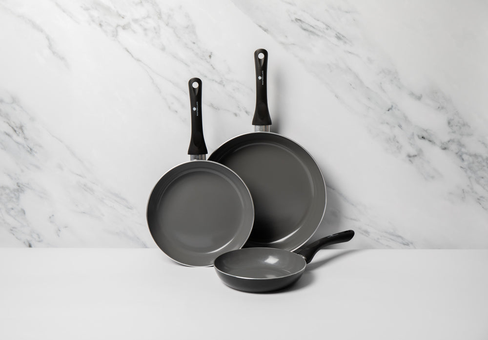 3pc Can-to-Pan Recycled Aluminium & Ceramic Frying Pan Set with 3x Non-Stick Frying Pans Sized 20cm, 24cm and 30cm