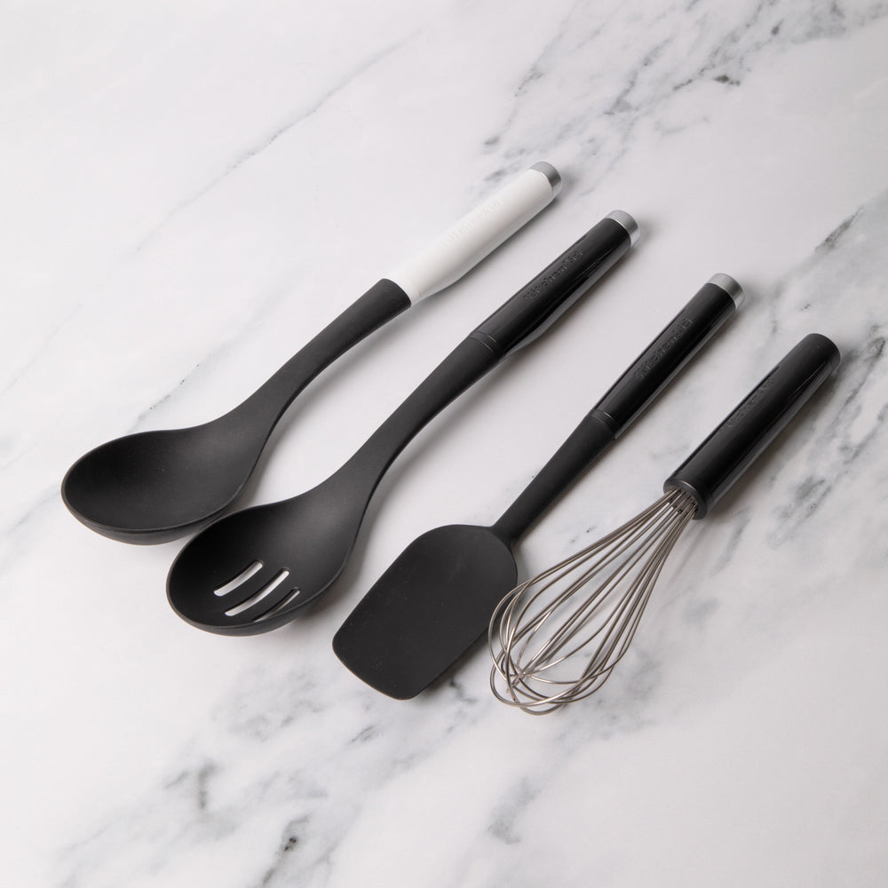 4pc Onyx Black Kitchen Utensil Set with Spoon Spatula, Slotted Spoon, Whisk and Basting Spoon