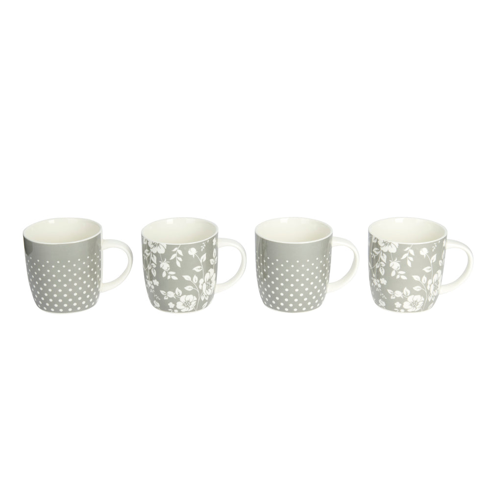 KitchenCraft Grey Floral / Polka Dot Mugs - Set of 4