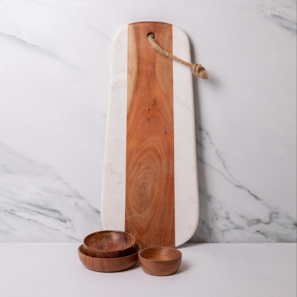 4pc Acacia Wood Serveware Set with Marble & Wood Serving Board and Three Nesting Serving Bowls
