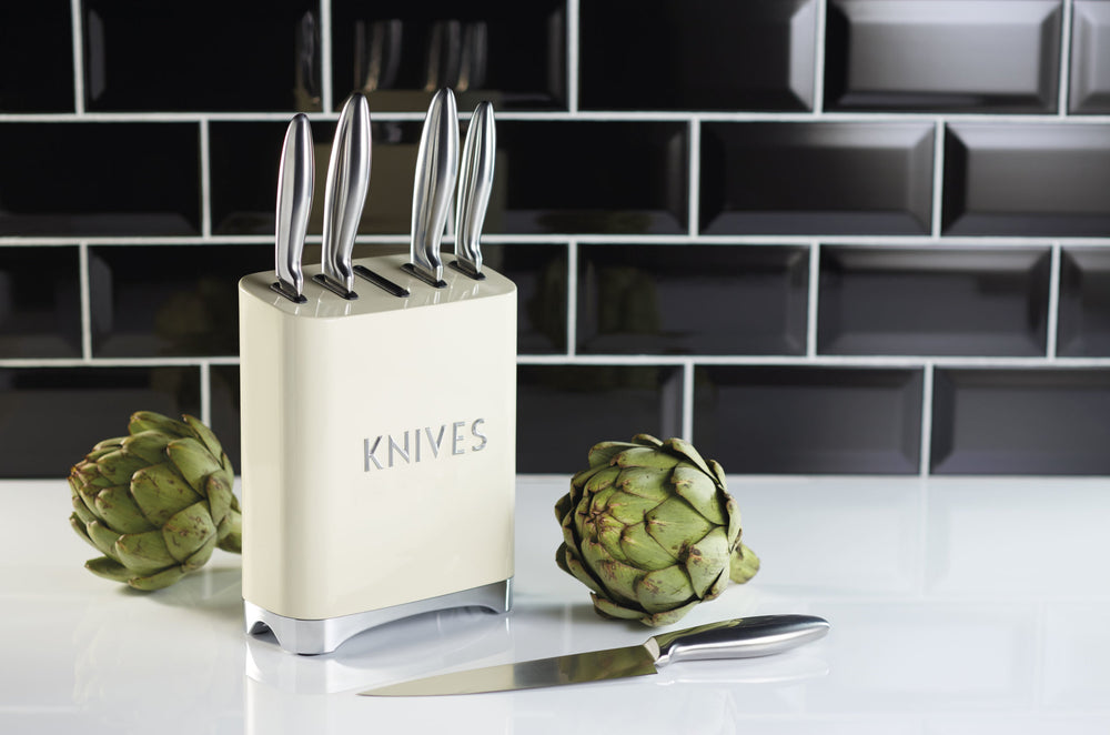 Lovello Retro 5-Piece Vanilla Cream Stainless Steel Knife Set and Knife Block